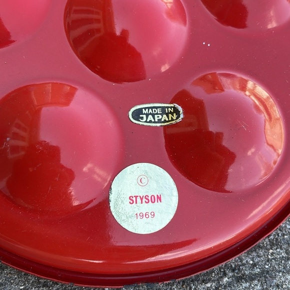 Vintage Red Enamel Coated Porcelain Escargot Appetizer Oven Dishes Deviled Eggs - Picture 3 of 4